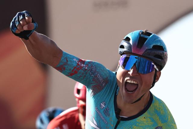 XDS Astana Team Italian Matteo Malucelli celebrates as he crosses the finish ligne to winn the fourth stage of the AlUla Tour cycling race, 173,4 km from Winter Park to Hegra on January 30, 2026. (Photo by Anne-Christine POUJOULAT / AFP)