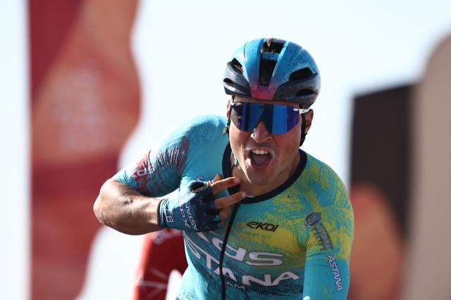 XDS Astana Team Italian Matteo Malucelli celebrates as he crosses the finish ligne to winn the fourth stage of the AlUla Tour cycling race, 173,4 km from Winter Park to Hegra on January 30, 2026. (Photo by Anne-Christine POUJOULAT / AFP)