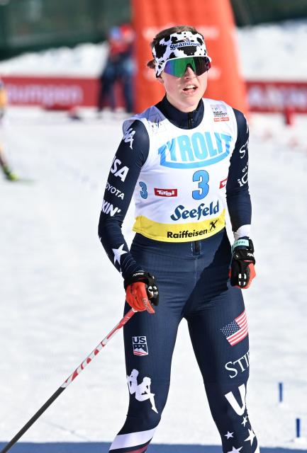 First placed US's Alexa Brabec reacts after competing in the women's Normal Hill Mass Start event at the FIS Ski Nordic Combined World Cup, on January 30, 2026 in Seefeld, Austria. (Photo by BARBARA GINDL / APA / AFP) / Austria OUT