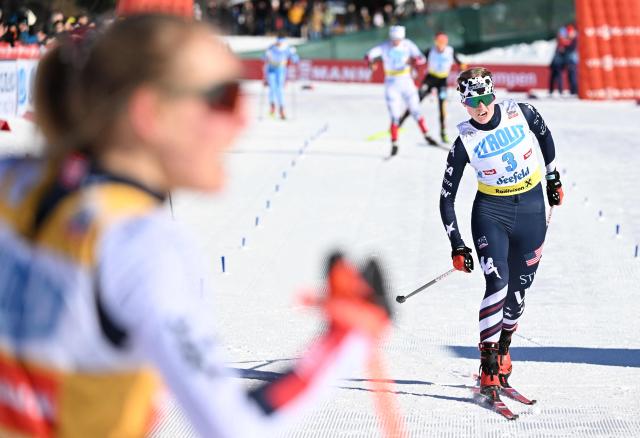 Third placed Norway's Ida Marie Hagen reacts after competing in the women's Normal Hill Mass Start event at the FIS Ski Nordic Combined World Cup, on January 30, 2026 in Seefeld, Austria. (Photo by BARBARA GINDL / APA / AFP) / Austria OUT