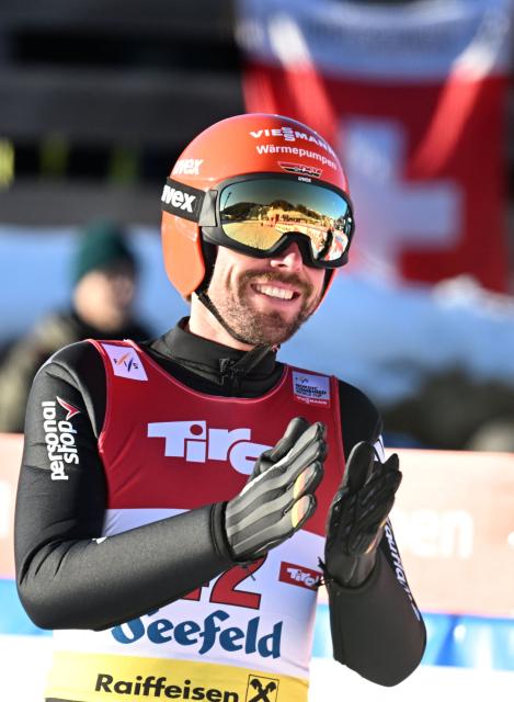 Germany's Johannes Rydzek reacts after competing at the men's Normal Hill Mass Start event at the FIS Ski Nordic Combined World Cup, on January 30, 2026 in Seefeld, Austria. (Photo by BARBARA GINDL / APA / AFP) / Austria OUT
