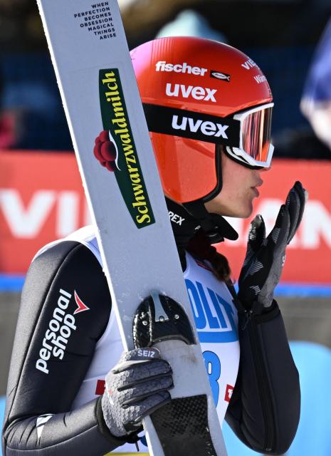 Germany's Nathalie Armbruster reacts after competing in the women's Normal Hill Mass Start 5km event at the FIS Ski Nordic Combined World Cup, on January 30, 2026 in Seefeld, Austria. (Photo by BARBARA GINDL / APA / AFP) / Austria OUT