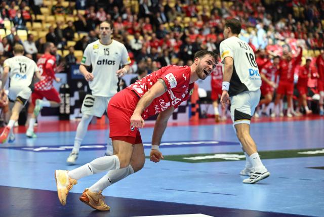 Croatia's pivot #93 Veron Nacinovic celebrates after a goal during the men's EHF Euro 2026 semi-finals handball match Germany vs Croatia in Herning, Denmark, on January 30, 2026. (Photo by Jonathan Nackstrand / AFP)