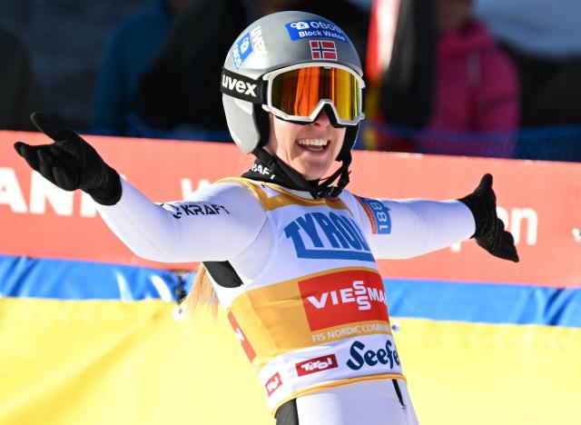 Third placed Norway's Ida Marie Hagen reacts after competing in the women's Normal Hill Mass Start 5km event at the FIS Ski Nordic Combined World Cup, on January 30, 2026 in Seefeld, Austria. (Photo by BARBARA GINDL / APA / AFP) / Austria OUT