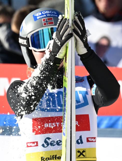 Norway's Marte Leinan Lund reacts after competing in the  women's Normal Hill Mass Start 5km event at the FIS Ski Nordic Combined World Cup, on January 30, 2026 in Seefeld, Austria. (Photo by BARBARA GINDL / APA / AFP) / Austria OUT