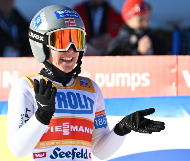 Third placed Norway's Ida Marie Hagen reacts after competing in the women's Normal Hill Mass Start 5km event at the FIS Ski Nordic Combined World Cup, on January 30, 2026 in Seefeld, Austria. (Photo by BARBARA GINDL / APA / AFP) / Austria OUT