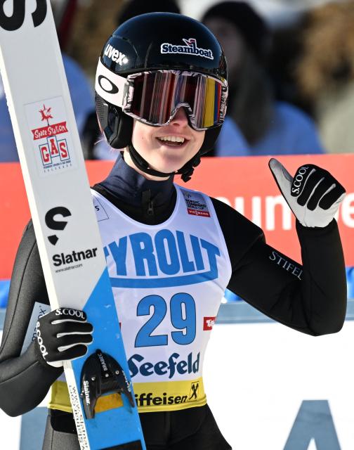 First placed US's Alexa Brabec reacts after winning the women's Normal Hill Mass Start 5km event at the FIS Ski Nordic Combined World Cup, on January 30, 2026 in Seefeld, Austria. (Photo by BARBARA GINDL / APA / AFP) / Austria OUT