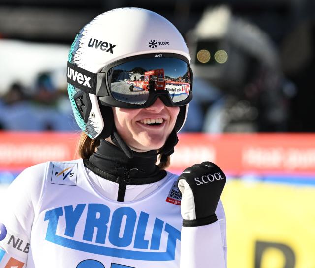First placed US's Alexa Brabec reacts after winning the women's Normal Hill Mass Start 5km event at the FIS Ski Nordic Combined World Cup, on January 30, 2026 in Seefeld, Austria. (Photo by BARBARA GINDL / APA / AFP) / Austria OUT