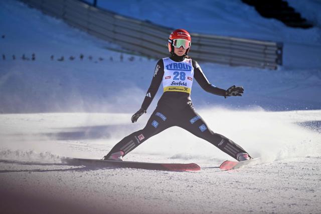 Germany's Nathalie Armbruster reacts after competing in the women's Normal Hill Mass Start 5km event at the FIS Ski Nordic Combined World Cup, on January 30, 2026 in Seefeld, Austria. (Photo by BARBARA GINDL / APA / AFP) / Austria OUT