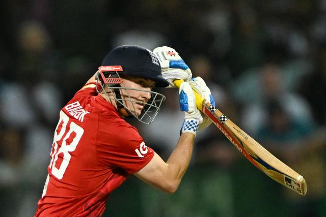 England's captain Harry Brook plays a shot during the first Twenty20 international cricket match between Sri Lanka and England at the Pallekele International Cricket Stadium in Kandy on January 30, 2026. (Photo by Ishara S. KODIKARA / AFP)