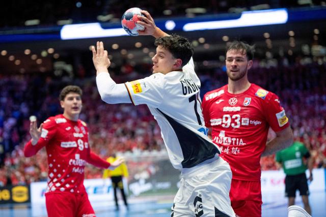 Germany's left back #71 Marko Grgic shoots during the men's EHF Euro 2026 semi-finals handball match Germany vs Croatia in Herning, Denmark, on January 30, 2026. (Photo by Bo Amstrup / Ritzau Scanpix / AFP) / Denmark OUT