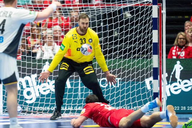 Germany's goalkeeper #33 Andreas Wolff gestures during the men's EHF Euro 2026 semi-finals handball match Germany vs Croatia in Herning, Denmark, on January 30, 2026. (Photo by Bo Amstrup / Ritzau Scanpix / AFP) / Denmark OUT