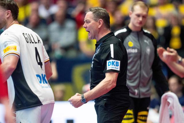 Germany's coach Alfred Gislason reacts during the men's EHF Euro 2026 semi-finals handball match Germany vs Croatia in Herning, Denmark, on January 30, 2026. (Photo by Bo Amstrup / Ritzau Scanpix / AFP) / Denmark OUT