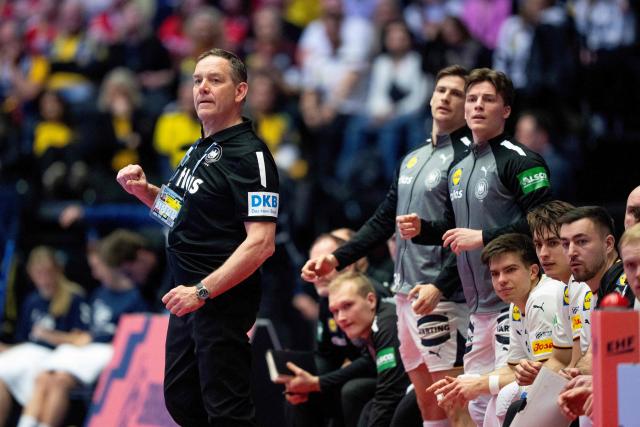 Germany's coach Alfred Gislason reacts during the men's EHF Euro 2026 semi-finals handball match Germany vs Croatia in Herning, Denmark, on January 30, 2026. (Photo by Bo Amstrup / Ritzau Scanpix / AFP) / Denmark OUT