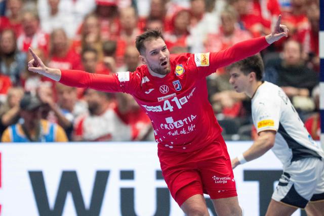 Croatia's centre back #41 Tin Lucin reacts during the men's EHF Euro 2026 semi-finals handball match Germany vs Croatia in Herning, Denmark, on January 30, 2026. (Photo by Bo Amstrup / Ritzau Scanpix / AFP) / Denmark OUT