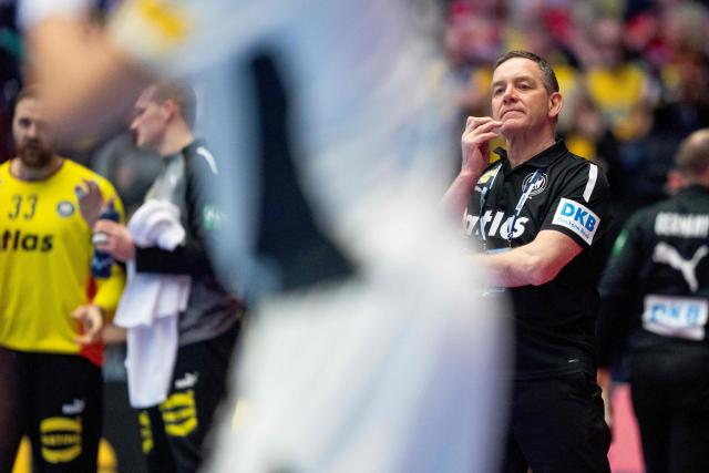 Germany's coach Alfred Gislason reacts during the men's EHF Euro 2026 semi-finals handball match Germany vs Croatia in Herning, Denmark, on January 30, 2026. (Photo by Bo Amstrup / Ritzau Scanpix / AFP) / Denmark OUT