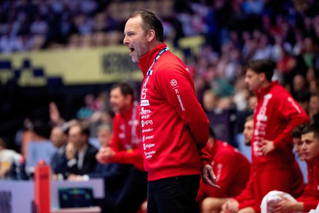 Croatia's coach Dagur Sigurdsson reacts during the men's EHF Euro 2026 semi-finals handball match Germany vs Croatia in Herning, Denmark, on January 30, 2026. (Photo by Bo Amstrup / Ritzau Scanpix / AFP) / Denmark OUT