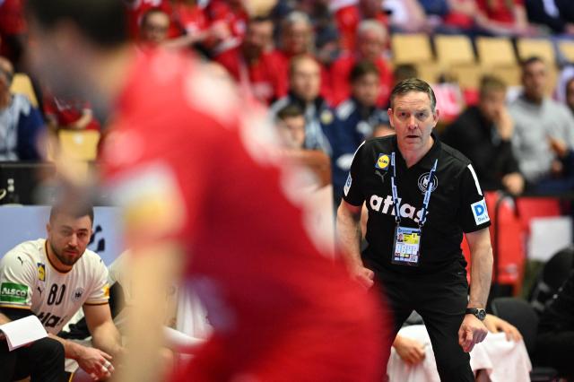 Germany's coach Alfred Gislason reacts during the men's EHF Euro 2026 semi-finals handball match Germany vs Croatia in Herning, Denmark, on January 30, 2026. (Photo by Jonathan Nackstrand / AFP)