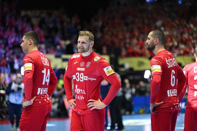 Croatia's players react after the men's EHF Euro 2026 semi-finals handball match Germany vs Croatia in Herning, Denmark, on January 30, 2026. (Photo by Jonathan Nackstrand / AFP) / Denmark OUT