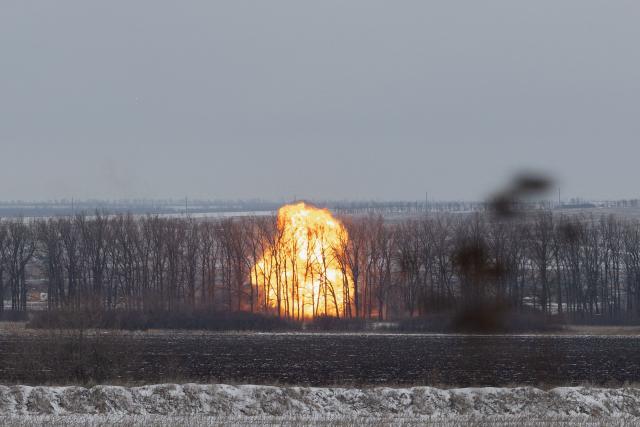 This photograph shows the explosion after a drone strike at an undisclosed location in eastern Ukraine on January 28, 2026, amid the Russian invasion of Ukraine. (Photo by AFP)