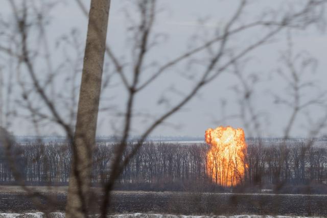This photograph shows the explosion after a drone strike at an undisclosed location in eastern Ukraine on January 28, 2026, amid the Russian invasion of Ukraine. (Photo by AFP)