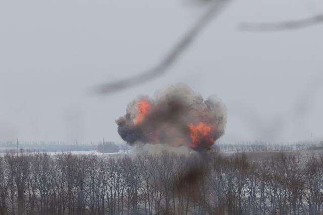 This photograph shows the explosion after a drone strike at an undisclosed location in eastern Ukraine on January 28, 2026, amid the Russian invasion of Ukraine. (Photo by AFP)
