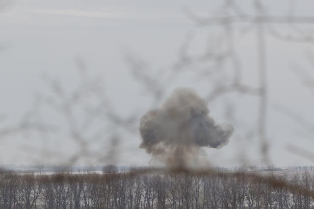 This photograph shows the explosion after a drone strike at an undisclosed location in eastern Ukraine on January 28, 2026, amid the Russian invasion of Ukraine. (Photo by AFP)