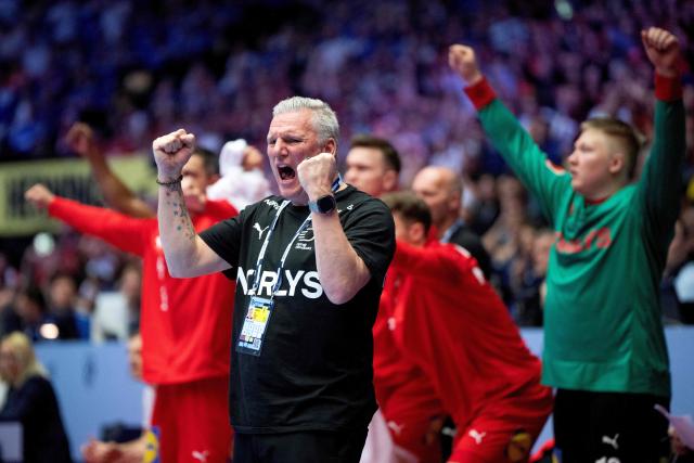 Denmark's national coach Nikolaj Jacobsen reacts during the men's EHF Euro 2026 semi-finals handball match Denmark vs Iceland in Herning, Denmark, on January 30, 2026. (Photo by Bo Amstrup / Ritzau Scanpix / AFP) / Denmark OUT