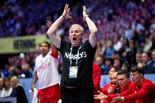 Denmark's national coach Nikolaj Jacobsen reacts during the men's EHF Euro 2026 semi-finals handball match Denmark vs Iceland in Herning, Denmark, on January 30, 2026. (Photo by Bo Amstrup / Ritzau Scanpix / AFP) / Denmark OUT