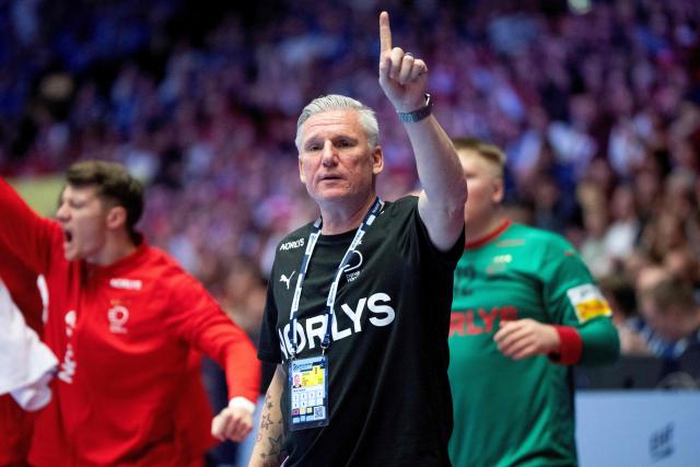 Denmark's national coach Nikolaj Jacobsen reacts during the men's EHF Euro 2026 semi-finals handball match Denmark vs Iceland in Herning, Denmark, on January 30, 2026. (Photo by Bo Amstrup / Ritzau Scanpix / AFP) / Denmark OUT