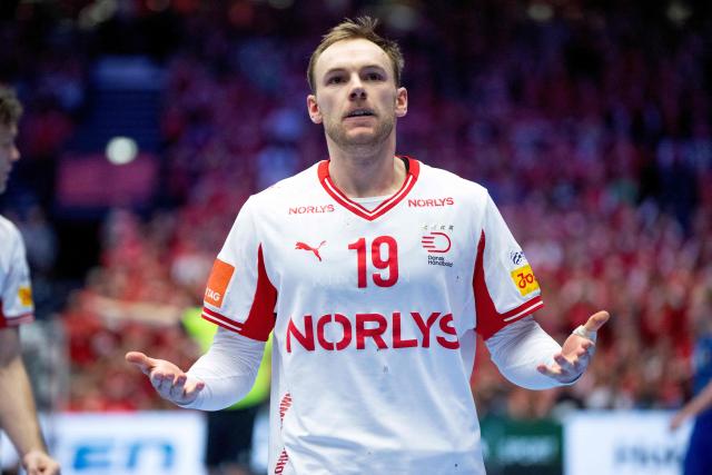 Denmark's right back #19 Mathias Gidsel reacts during the men's EHF Euro 2026 semi-finals handball match Denmark vs Iceland in Herning, Denmark, on January 30, 2026. (Photo by Bo Amstrup / Ritzau Scanpix / AFP) / Denmark OUT