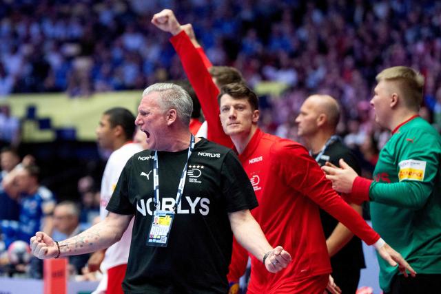 Denmark's national coach Nikolaj Jacobsen reacts during the men's EHF Euro 2026 semi-finals handball match Denmark vs Iceland in Herning, Denmark, on January 30, 2026. (Photo by Bo Amstrup / Ritzau Scanpix / AFP) / Denmark OUT