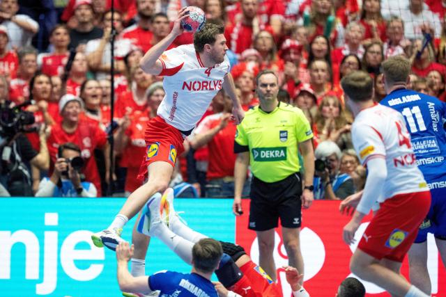 Denmark's Magnus Landin shoots during the men's EHF Euro 2026 semi-finals handball match Denmark vs Iceland in Herning, Denmark, on January 30, 2026. (Photo by Bo Amstrup / Ritzau Scanpix / AFP) / Denmark OUT