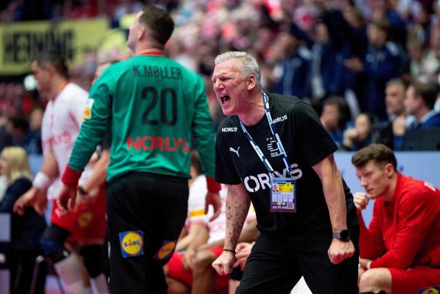 Denmark's national coach Nikolaj Jacobsen reacts during the men's EHF Euro 2026 semi-finals handball match Denmark vs Iceland in Herning, Denmark, on January 30, 2026. (Photo by Bo Amstrup / Ritzau Scanpix / AFP) / Denmark OUT