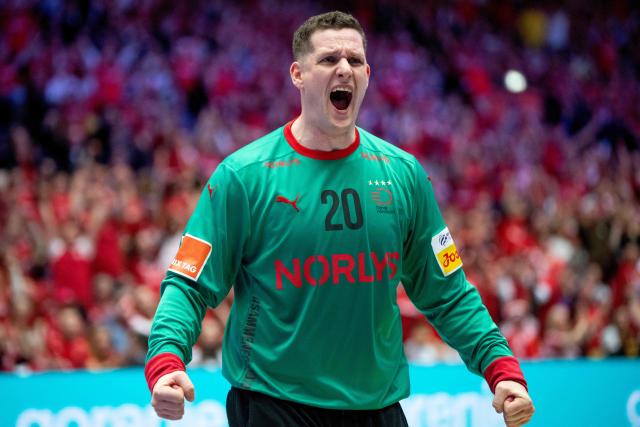 Denmark's goalkeeper #20 Kevin Moeller reacts after making a save during the men's EHF Euro 2026 semi-finals handball match Denmark vs Iceland in Herning, Denmark, on January 30, 2026. (Photo by Bo Amstrup / Ritzau Scanpix / AFP) / Denmark OUT