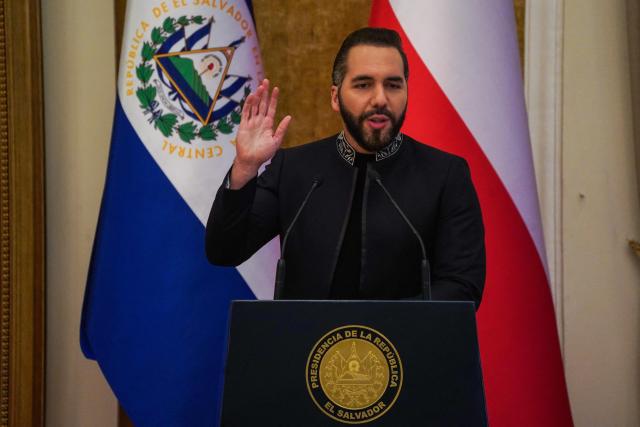 El Salvador’s President Nayib Bukele speaks at a press conference during a visit by Chile’s president-elect Jose Antonio Kast (out of frame), in San Salvador on January 30, 2026. (Photo by Oscar RIVERA / AFP)