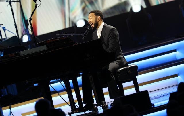 US singer-Songwriter John Legend performs on stage during Musicares Person of the Year 2026 at the LA Convention Center in Los Angeles on January 30, 2026. (Photo by Michael Tran / AFP)