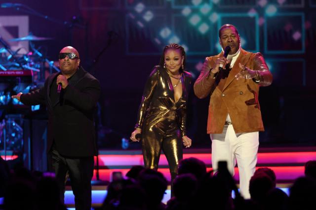 (L-R) US rapper Spliff Star, US singer-songwriter Chante Moore and US rapper Busta Rhymes perform on stage during Musicares Person of the Year 2026 at the LA Convention Center in Los Angeles on January 30, 2026. (Photo by Michael Tran / AFP)