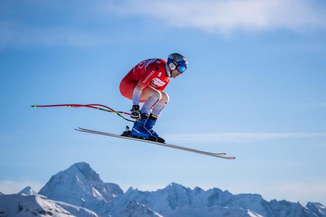 Switzerland's Marco Odermatt takes part in the men's downhill training on the eve of the race during the FIS Alpine Ski World Cup 2025-2026, in Crans Montana, Switzerland, on January 31, 2026. (Photo by Fabrice COFFRINI / AFP)