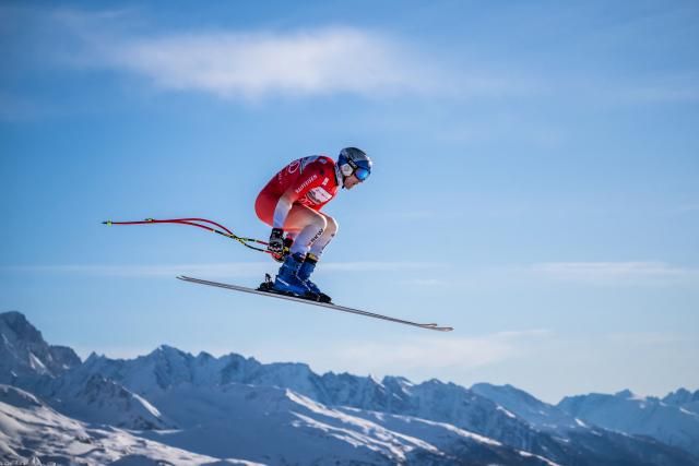 Switzerland's Marco Odermatt takes part in the men's downhill training on the eve of the race during the FIS Alpine Ski World Cup 2025-2026, in Crans Montana, Switzerland, on January 31, 2026. (Photo by Fabrice COFFRINI / AFP)