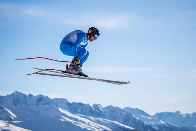 Italy's Mattia Casse takes part in the men's downhill training on the eve of the race during the FIS Alpine Ski World Cup 2025-2026, in Crans Montana, Switzerland, on January 31, 2026. (Photo by Fabrice COFFRINI / AFP)