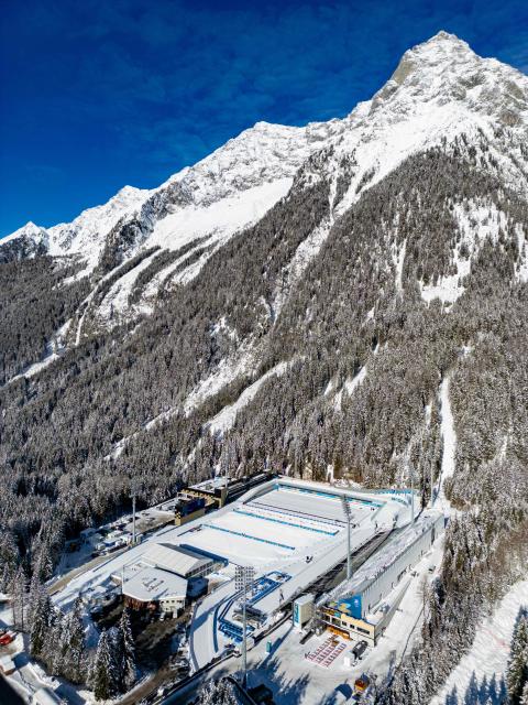 This aerial view shows the Biathlon venue in Antholz, northern Italy, prior to the Milano Cortina 2026 Olympic Games, on January 31, 2026. (Photo by Odd ANDERSEN / AFP)