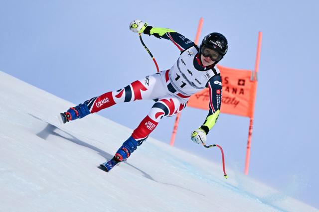 France's Romane Miradoli competes in the women's super G race part of the FIS Alpine Ski World Cup 2025-2026, in Crans Montana, Switzerland, on January 31, 2026. (Photo by Fabrice COFFRINI / AFP)