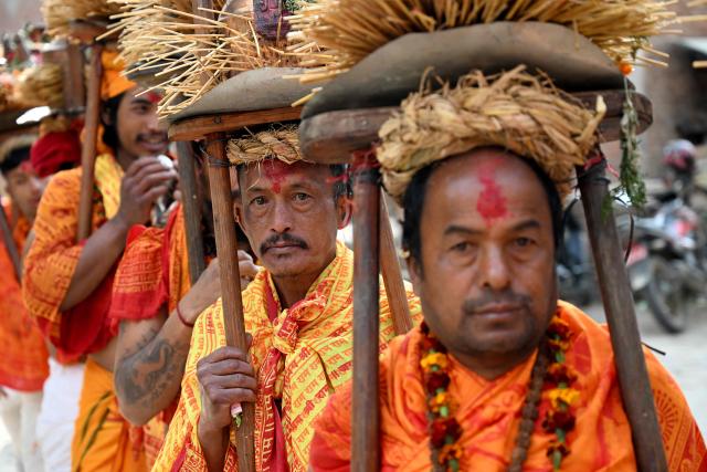 Hindu devotees take part in a religious procession on the occasion of Madhav Narayan festival in Bhaktapur on January 31, 2026. (Photo by PRAKASH MATHEMA / AFP)