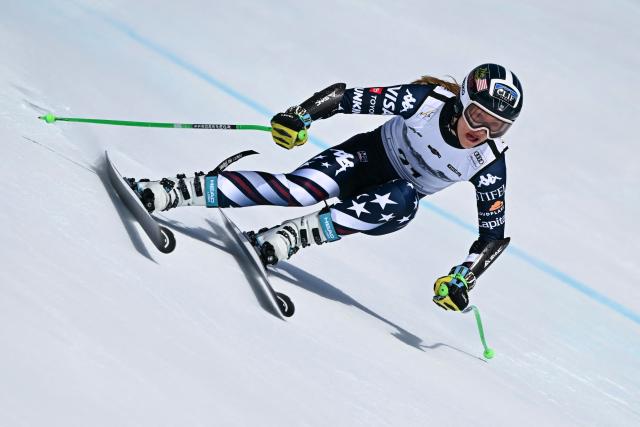 US Tricia Mangan competes in the women's super G race part of the FIS Alpine Ski World Cup 2025-2026, in Crans Montana, Switzerland, on January 31, 2026. (Photo by Fabrice COFFRINI / AFP)