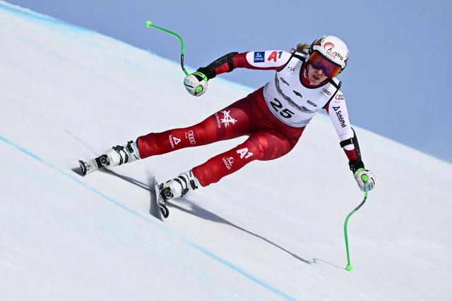 Austria's Nadine Fest competes in the women's super G race part of the FIS Alpine Ski World Cup 2025-2026, in Crans Montana, Switzerland, on January 31, 2026. (Photo by Fabrice COFFRINI / AFP)