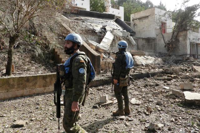 United Nations Spanish UNIFIL forces inspect chalets after the Israeli army reportedly booby-trapped and blew them up at dawn, on the outskirts of the town of al-Khiam, southern Lebanon on January 31, 2026. (Photo by Rabih DAHER / AFP)