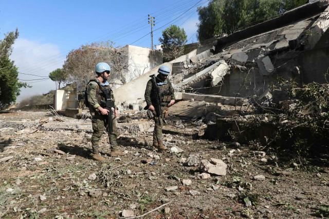 United Nations Spanish UNIFIL forces inspect chalets after the Israeli army reportedly booby-trapped and blew them up at dawn, on the outskirts of the town of al-Khiam, southern Lebanon on January 31, 2026. (Photo by Rabih DAHER / AFP)