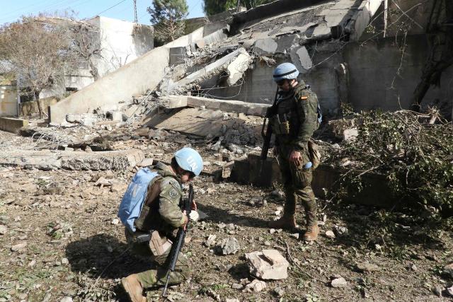 United Nations Spanish UNIFIL forces inspect chalets after the Israeli army reportedly booby-trapped and blew them up at dawn, on the outskirts of the town of al-Khiam, southern Lebanon on January 31, 2026. (Photo by Rabih DAHER / AFP)