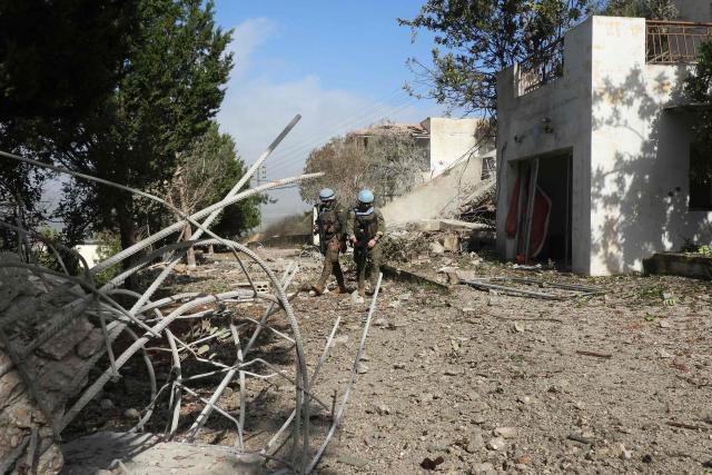 United Nations Spanish UNIFIL forces inspect chalets after the Israeli army reportedly booby-trapped and blew them up at dawn, on the outskirts of the town of al-Khiam, southern Lebanon on January 31, 2026. (Photo by Rabih DAHER / AFP)